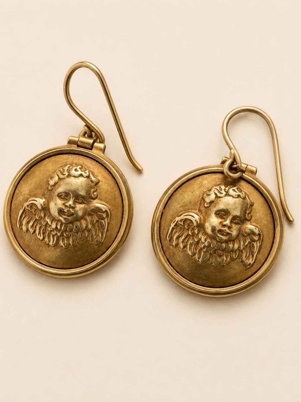 Rare Vintage Bottega Veneta Cherub 925 Gold-Tone Medallion Earrings/Pouch /Italy